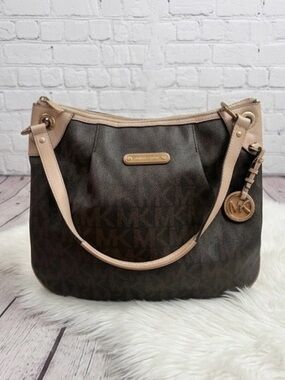 Michael Kors Dark Brown Logo Hobo with Light Tan Trim